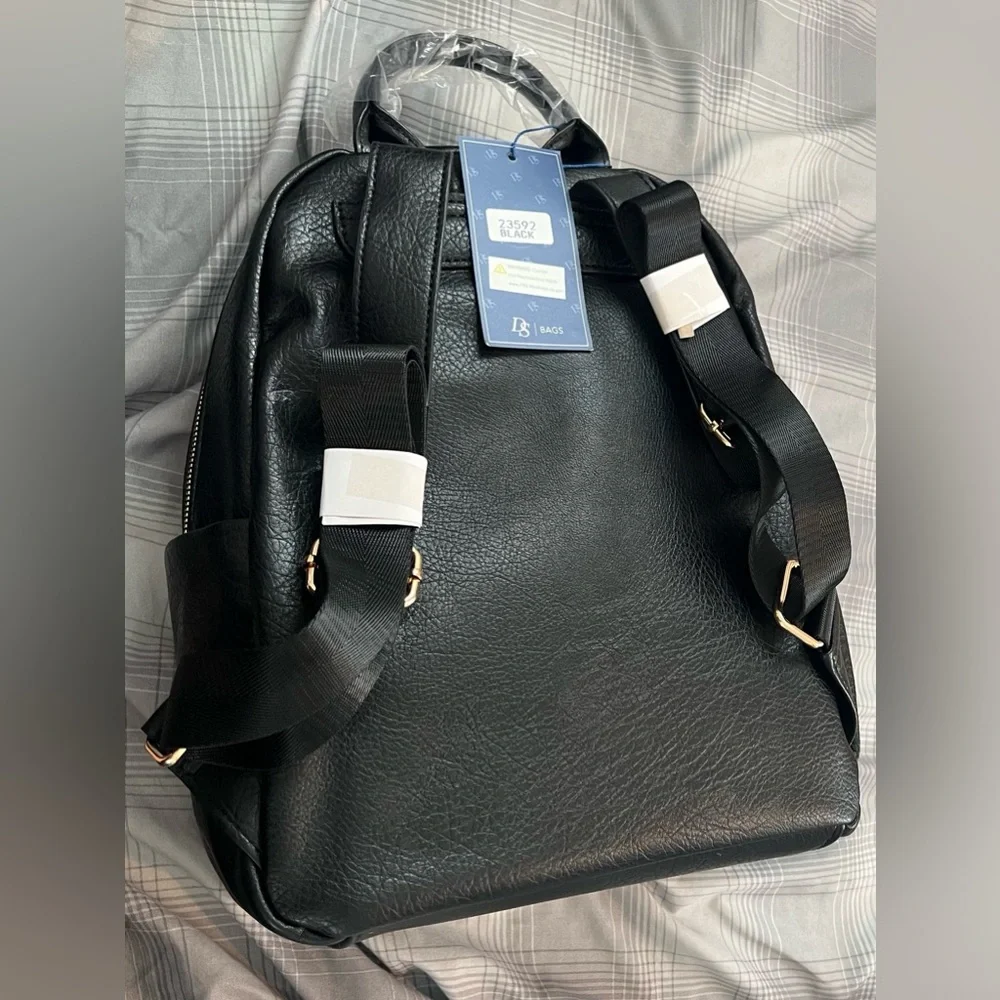 Black Faux Leather Backpack With Gold Tone Hardware